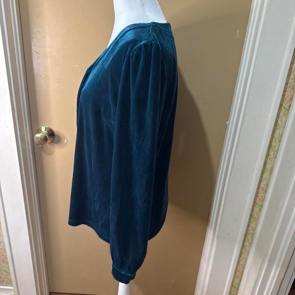 Allegra K Velvet Blouse Womens M Teal Green Good V Neck Button Front Long Sleeve - Picture 2 of 4